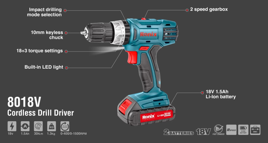 Аккумуляторная дрель-шуруповерт 18 Вт Ronix 8018V