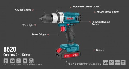 Аккумуляторная дрель-шуруповерт 20 Вт Ronix 8620