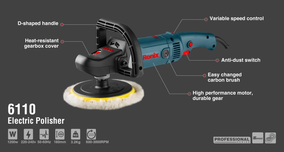 Электрическая полировальная машина 1200 Вт 180 мм Ronix 6110